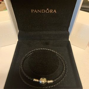 Pandora black double leather bracelet size 2